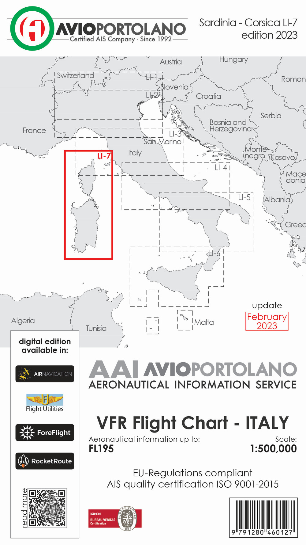 Avioportolano. VFR flight chart LI 7 Italy Sardinia-Corsica. ICAO annex 4 - EU-Regulations compliant. Ediz. italiana e inglese
